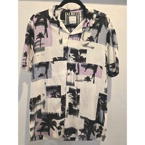 Denim & Flower Shirt Men's Size M Purple/Black Palm Tree Short Sleeve Button